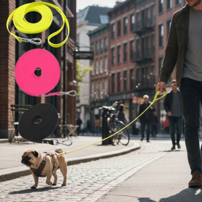 Carlin en ville avec longe pour petit chien jaune et variantes rose et noire.