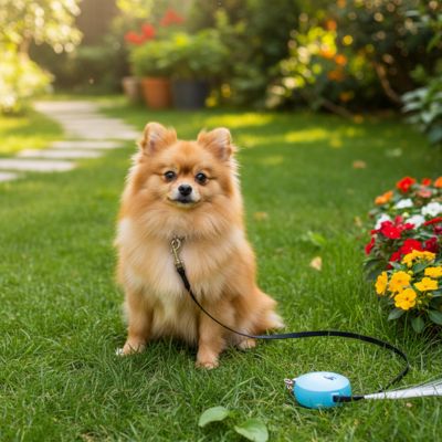 Loulou de Poméranie assis dans un jardin avec une longe pour petit chien bleue