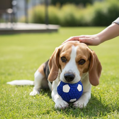 Main caressant un Beagle couché dans l'herbe avec sa balle chien sous le museau.