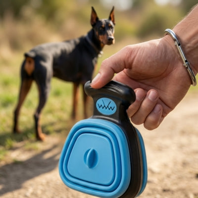 Main tenant un ramasse crotte chien bleu devant un Doberman dans la nature.