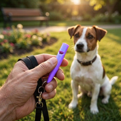 Main tenant des sifflets ultrasons pour chiens devant un Jack Russell Terrier assis sur l'herbe.