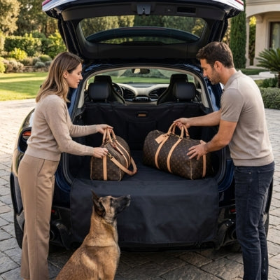 Couple chargeant des sacs de luxe sur un tapis chien voiture protection avec un Malinois.