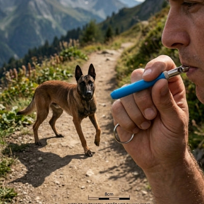 Malinois en montagne, homme avec sifflet à ultrason pour chien bleu, échelle 8cm visible.