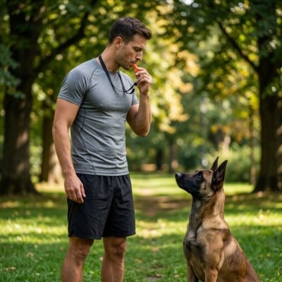Malinois assis en parc forestier regardant un homme debout au sifflet à ultrason pour chien orange.