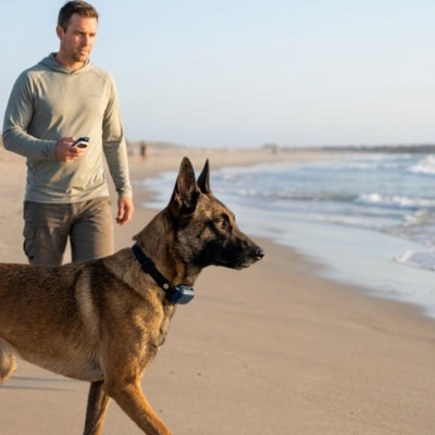 Malinois sur la plage avec son maître tenant une télécommande bleue de collier de dressage.