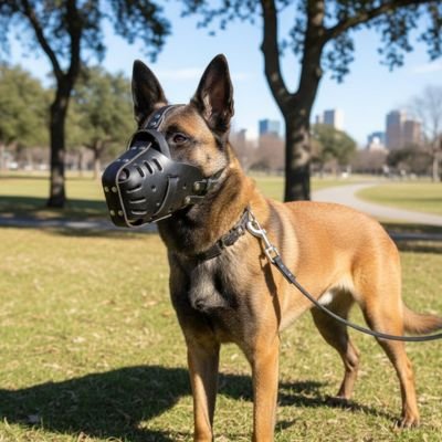 Berger Belge Malinois de profil avec une muselière chien noire dans un parc.