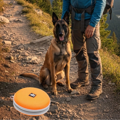 Berger Malinois sur un chemin rocheux avec une gamelle chien orange fermée au premier plan.
