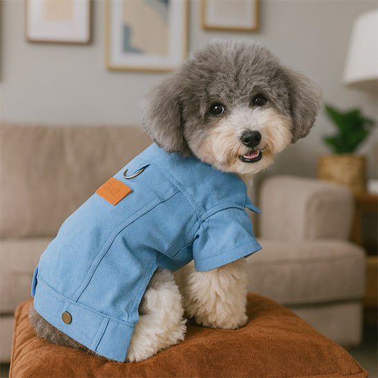 Caniche gris bicolore assis de profil avec son manteau chien bleu clair, patch Classic orange.