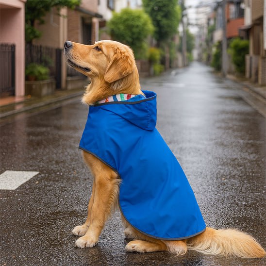 Chien Golden Retriever assis dans une rue mouillée avec son manteau chien bleu.