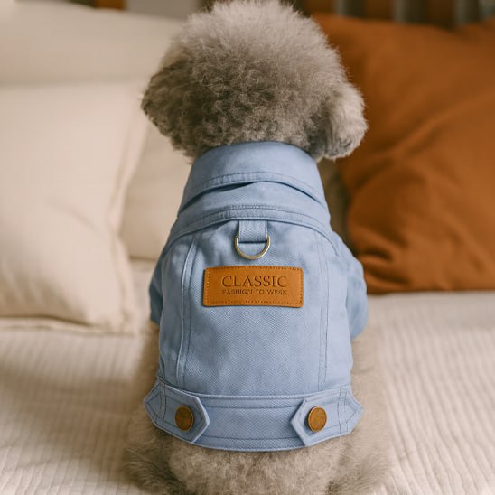 Caniche gris de dos sur un lit avec son manteau chien bleu clair, patch Classic visible.