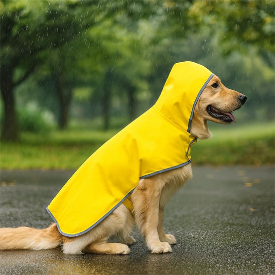 Golden Retriever portant la capuche de son manteau chien jaune imperméable.