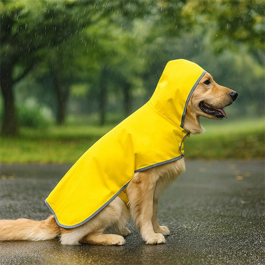 Golden Retriever portant la capuche de son manteau chien jaune imperméable.
