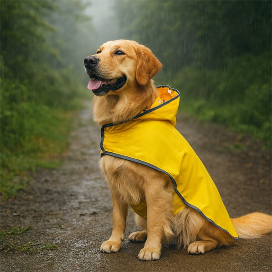 Portrait de profil d'un Golden Retriever avec un manteau chien jaune sous la pluie.