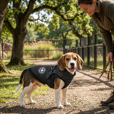 Jeune Beagle tenu en laisse avec un manteau chien noir et écusson blanc circulaire.