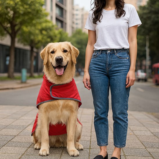 Chien Golden Retriever assis sur un trottoir portant un manteau chien rouge.
