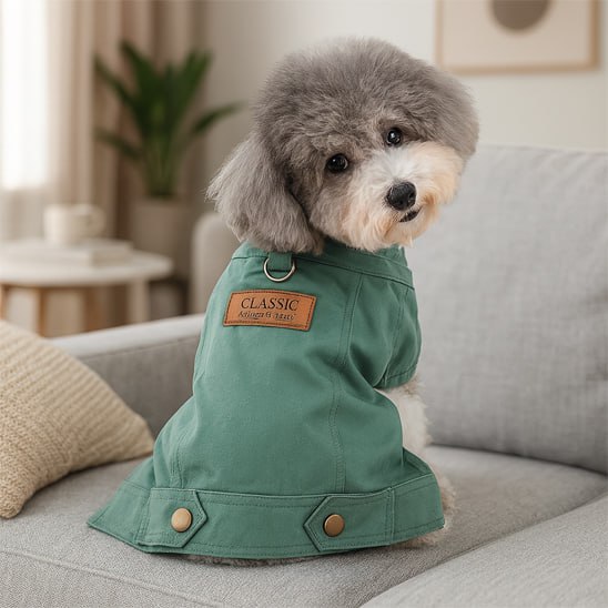 Caniche gris bicolore assis sur un canapé avec son manteau chien vert, patch Classic visible.
