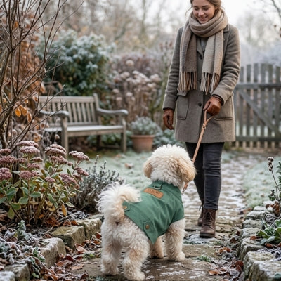 Caniche blanc en laisse avec un manteau chien vert dans un jardin givré, écusson Classic visible.