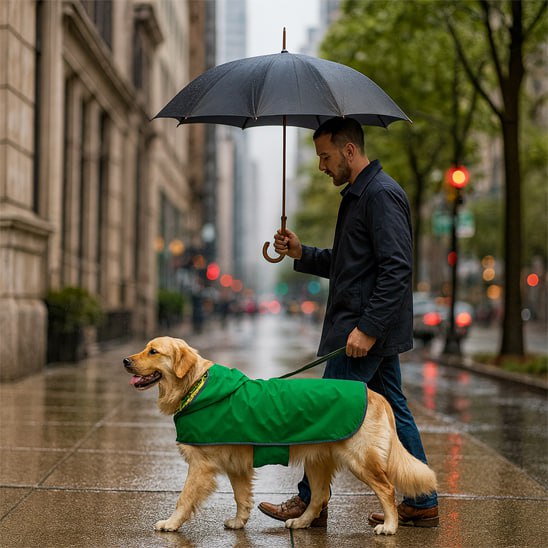 Golden Retriever marchant en ville sous la pluie avec son manteau chien vert.