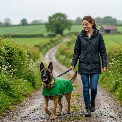 Berger Belge Malinois en balade avec son manteau chien vert.