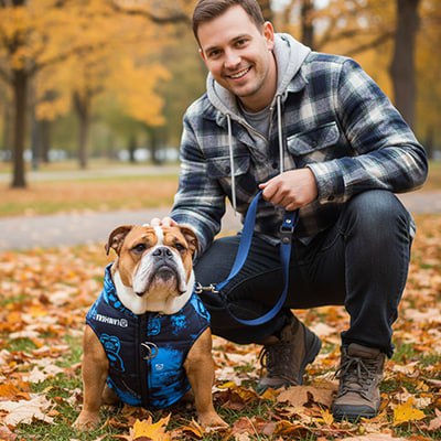 Bouledogue anglais portant un manteau imperméable pour chien bleu avec des motifs graphiques.
