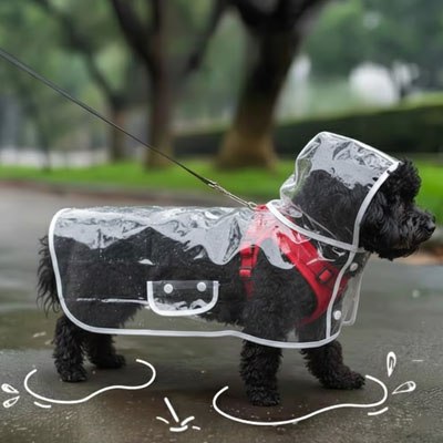 Caniche noir portant un harnais rouge sous un manteau imperméable pour chien transparent.