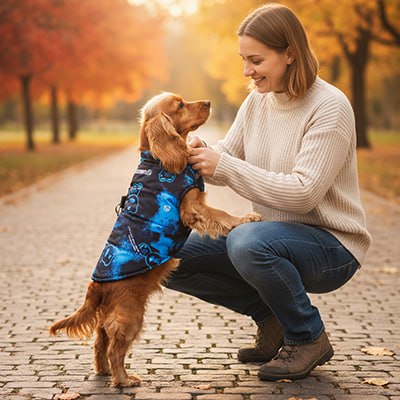 Chien de race Cocker Spaniel vêtu d'un manteau imperméable pour chien bleu à motifs.