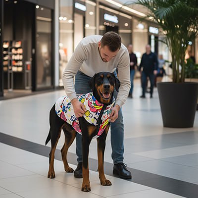 Doberman portant un manteau imperméable pour chien blanc avec des motifs graffiti colorés.