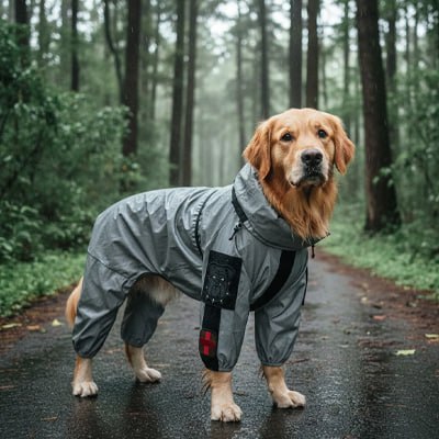 Golden Retriever en manteau imperméable pour chien gris dans une forêt sous la pluie.