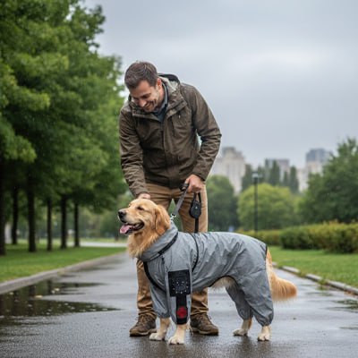 Homme caressant son Golden Retriever en manteau imperméable pour chien gris dans un parc.