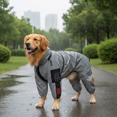 Golden Retriever portant un manteau imperméable pour chien gris sur un chemin urbain mouillé.