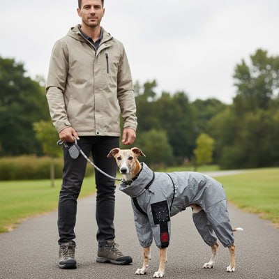 Lévrier Whippet en manteau imperméable pour chien gris tenu en laisse par son maître.