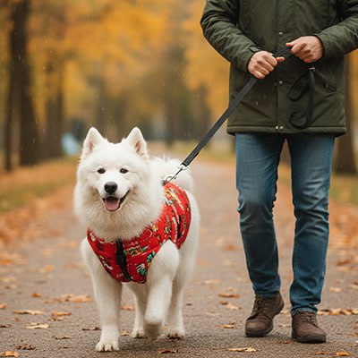 Chien de race Samoyède portant un manteau imperméable pour chien rouge vif en extérieur.