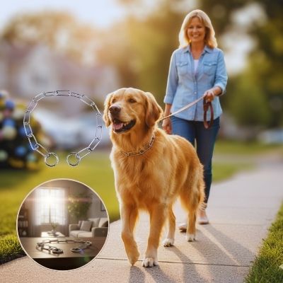 Femme éduquant son Golden Retriever à la marche au pied avec un collier etrangleur chien sur un trottoir ensoleillé.