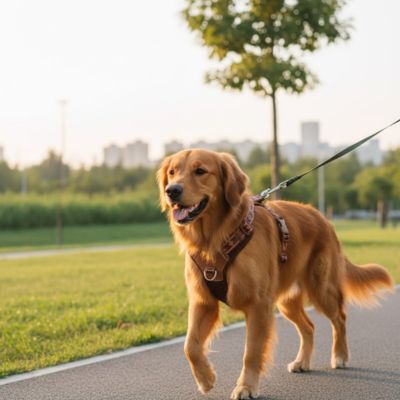 Chien Golden Retriever marchant avec un harnais anti traction chien marron et maille aérée.