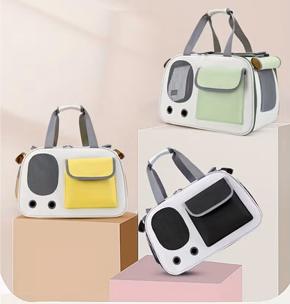 Trois modèles de sac de transport chien en jaune, vert et noir sur des socles colorés.