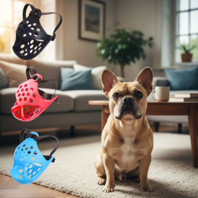 Bouledogue français en intérieur avec modèles de muselière pour bouledogue français colorés.