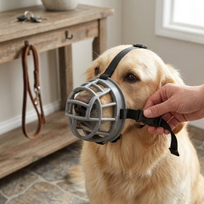 Golden Retriever en intérieur avec une muselière anti aboiement grise ajustée par une main.