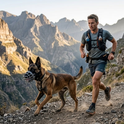 Chien Malinois courant en montagne avec son maître et une muselière anti aboiement grise.