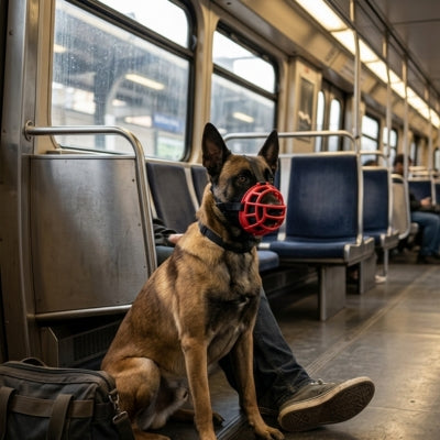 Chien Malinois assis dans le métro portant une muselière anti aboiement rouge.