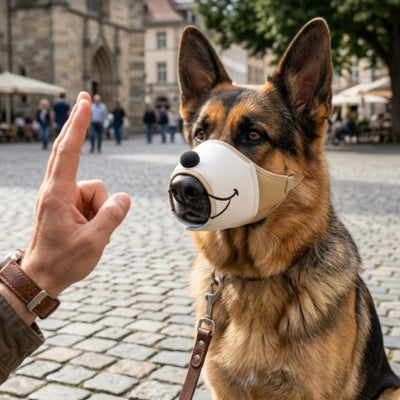 Gros plan d'un berger allemand assis face à son maître avec une muselière berger allemand beige.