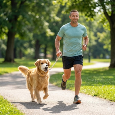 Homme courant dans un parc avec un Golden Retriever portant une muselière berger allemand beige.