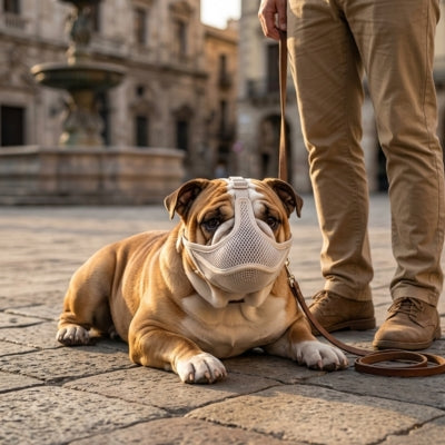 Museliere bouledogue anglais fauve couché sur une place pavée devant une fontaine ancienne.