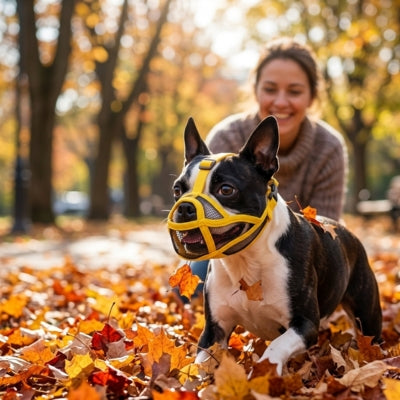 Boston Terrier portant une muselière bouledogue jaune jouant dans les feuilles mortes d'un parc.