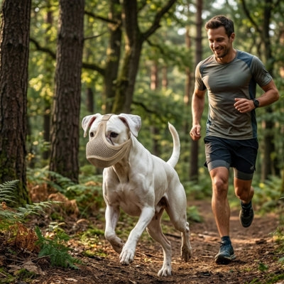 Chien Boxer blanc avec museliere bouledogue courant en forêt avec un homme en tenue de sport.