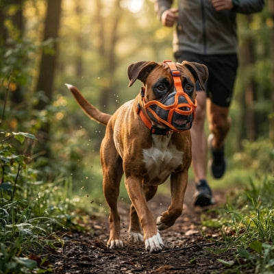 Chien Boxer courant en forêt avec une muselière bouledogue orange et noire.