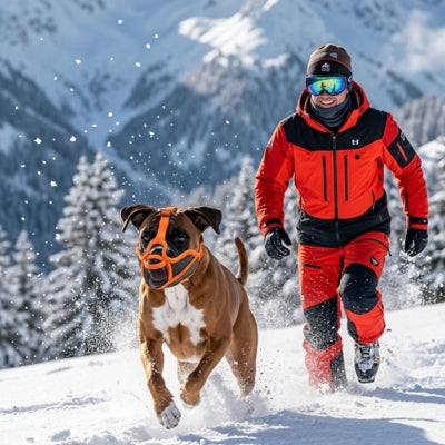 Chien Boxer avec une muselière bouledogue orange courant dans la neige aux côtés d'un skieur.
