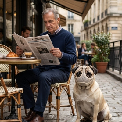 Carlin avec museliere bouledogue assis en terrasse pendant que son maître lit Le Monde.