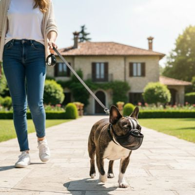 Muselière pour bouledogue français fauve de profil sur une pelouse verte.