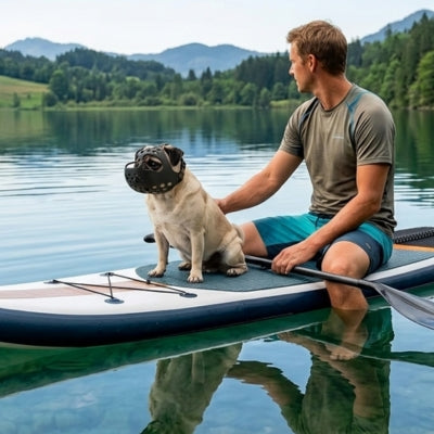 Chien carlin sur un paddle au milieu d'un lac portant une muselière bouledogue français noire.