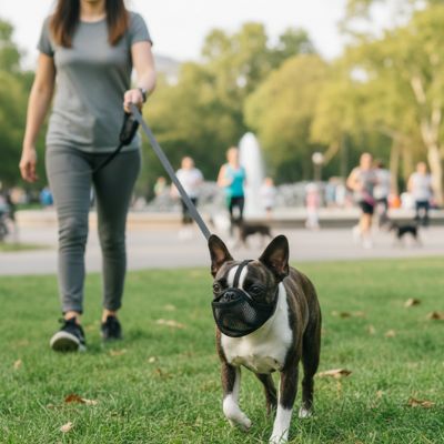 Muselière pour bouledogue français noir et blanc porté lors d'une balade au parc en laisse.